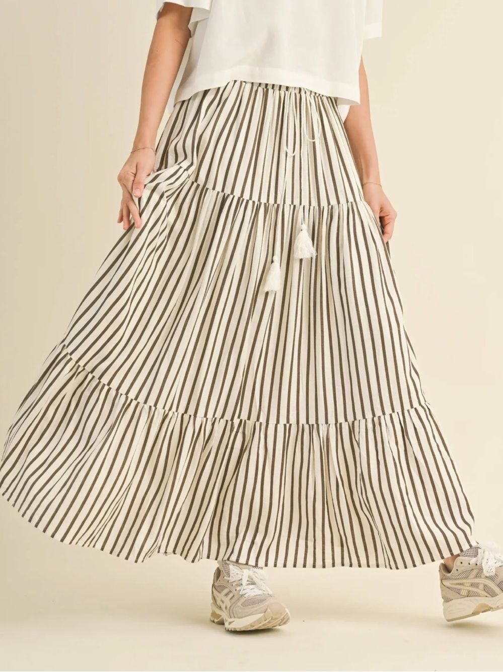 Salty Lemon Stripe Tiered Maxi Skirt Size Small